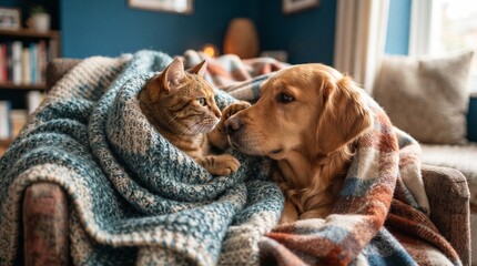 Plakat Close-up of a dog and a cat sharing a blanket, conceptual image of friendship, domestic pets, and home comfort