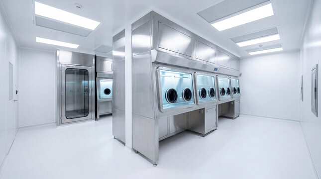 Pharmaceutical cleanroom with stainless steel isolator for sterile manufacturing