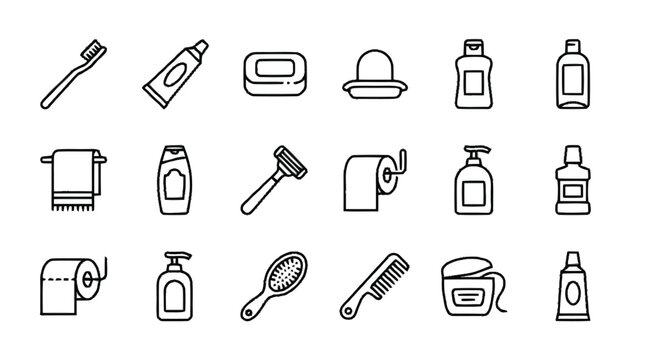 A collection of various bathroom and hygiene icons are shown in a grid.