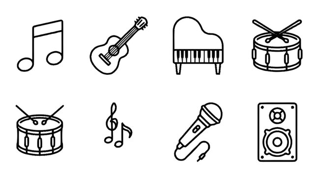 Musical instruments icons including guitar, piano, drum and microphone are shown