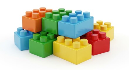 Fototapeta premium Colorful Plastic Building Blocks for Kids Isolated on White Background - Creative Toy Construction Set for Childhood Development