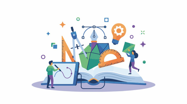 Creative design elements and tools on an open book