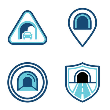 Tunnel road traffic signs icons set.