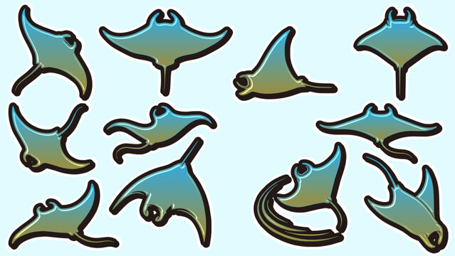 Colorful manta ray vector set in sticker style
