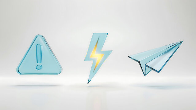 Glass icon set featuring caution warning sign lightning bolt and paper airplane