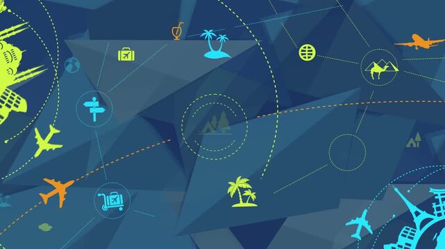 Global travel connects worlds through vibrant icons. Airplanes, beaches, and hotels link continents by design. Modern graphics show adventure and wanderlust. Ideal for tourism, travel agencies