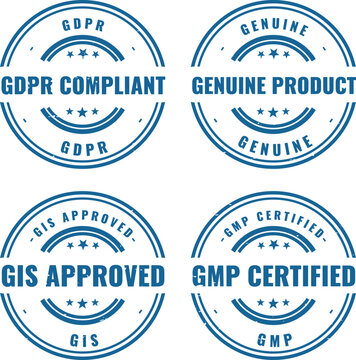 Set of four blue circular rubber stamps for data protection genuine product gis approval and gmp certification