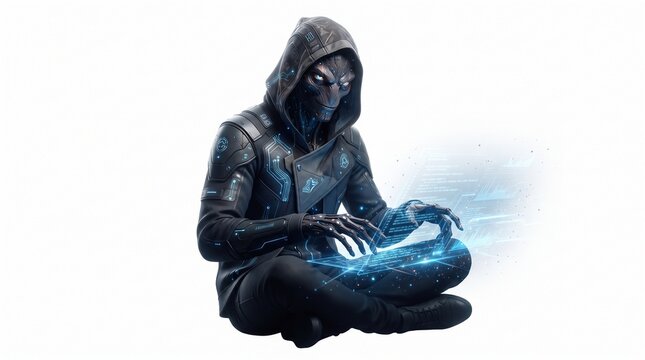 A futuristic alien or cyborg wearing a black hoodie sitting cross-legged while coding on a glowing blue virtual holographic screen, isolated on a white background. Generative AI.