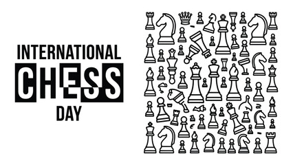 Chess pieces arranged in a grid celebrate the strategic challenge of International Chess Day. © sajida