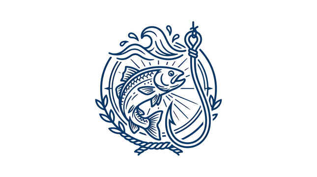 Fishing hook with jumping fish in waves, emblem style