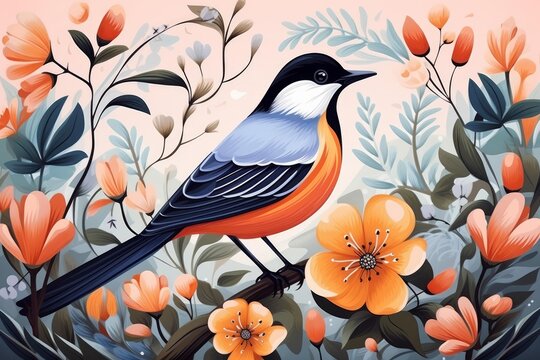 Songbird resting peacefully on a branch surrounded by blooming flowers and lush foliage