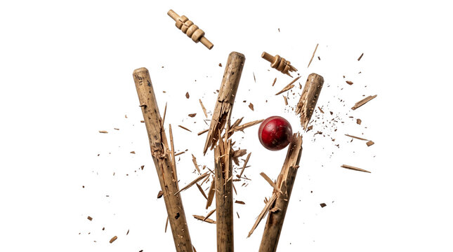 Cricket wickets dramatically shattered with broken bails flying, action sports concept frozen in motion, isolated on transparent background, ultra-realistic