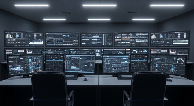 Advanced Command Center with Multiple Screens Displaying Complex Data and Network Grids