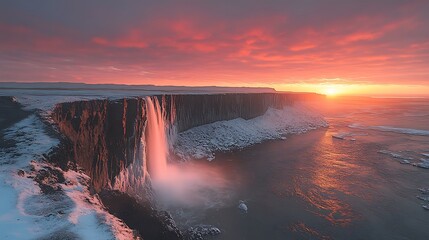 Fototapeta premium Winter waterfall sunrise landscape