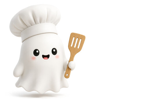 Spooky Ghost Chef with Cooking Tool Isolated on White