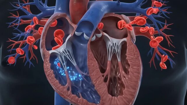 Medical 3d animation of human heart beating with blood circulation