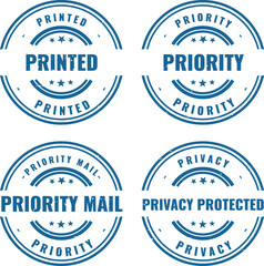 Obraz premium Set of four blue circular rubber stamps with shipping and priority mail text labels isolated
