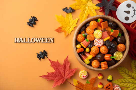 Halloween candies in wooden bowl with autumn maple leaves spiders and bats flat lay on orange background with text for festive holiday party marketing