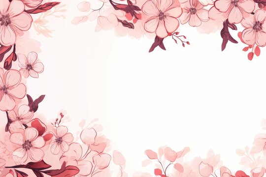 Pink watercolor cherry blossom flowers creating a decorative border on a white background