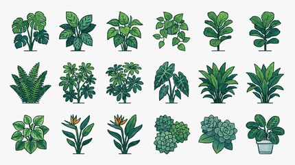 Elegant Collection of 18 Vibrant Indoor Houseplants with Lush Green and Variegated Foliage in Watercolor Style © Dodi