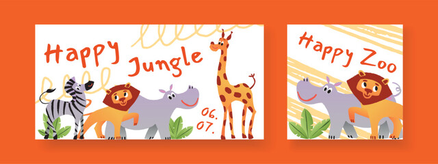Fototapeta premium Set of Safari party cards with Zebra, Lion, Hippo and Giraffe, Leaf plants and lettering. Cute childish flat vector illustration for children, Greeting and Invitation