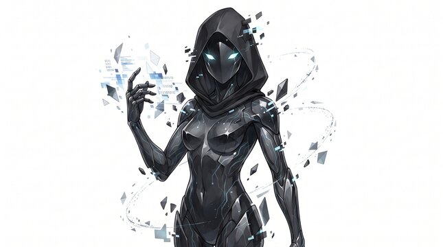 Cyberpunk female assassin character wearing a black hooded mask and bodysuit, surrounded by floating binary data and digital glitch particles, isolated on white background. Generative AI.