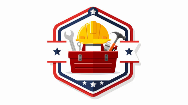 construction tools logo, toolbox with hard hat
