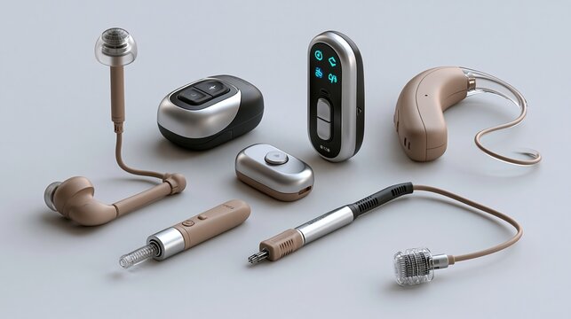 3D rendered technical diagram of cochlear implant components (microphone, processor, transmitter, electrode array)