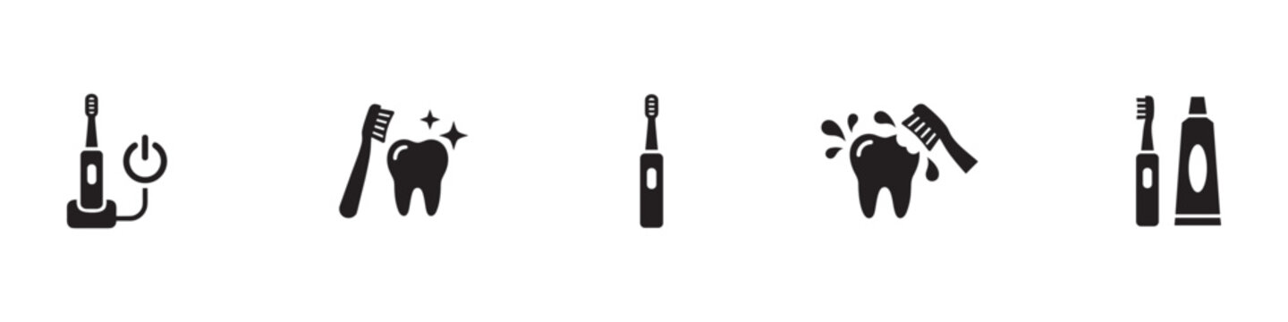Electric Toothbrush Icon Set. Toothbrushing, Dental Care, Clean Shiny Tooth, Toothpaste Tube. Vector Illustration.