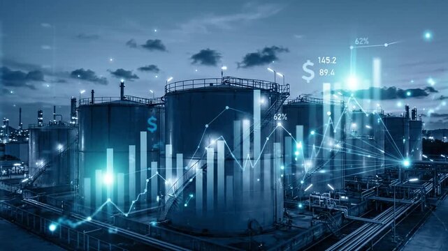 Industrial oil storage tanks with overlaid financial growth data charts.
