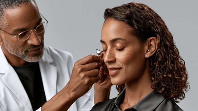 Split banner, doctor fitting cochlear implant processor on patient left side, calm clinical negative space right for headline text