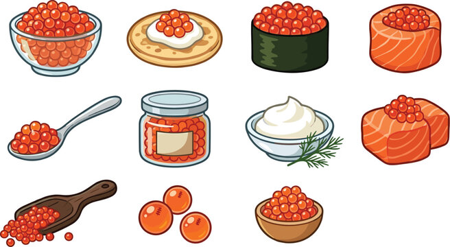 Salmon roe caviar vector collection featuring fish eggs sushi toppings gourmet seafood appetizers and luxury culinary ingredient illustrations