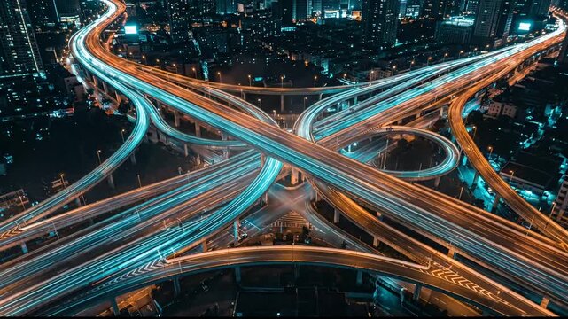 Night city highway interchange with glowing car light trails