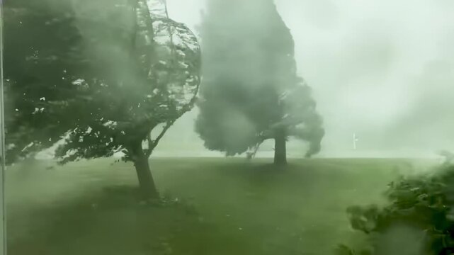 Close-up of extreme hurricane-force winds knocking down trees.
