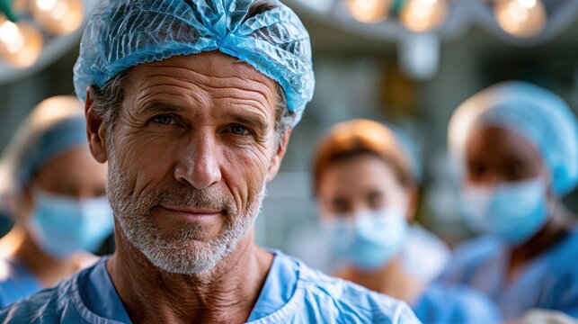 Surgeon and medical team in operating room preparing for cochlear implant surgery, sterile clinical environment