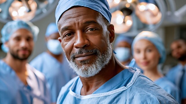Surgeon and medical team in operating room preparing for cochlear implant surgery, sterile clinical environment