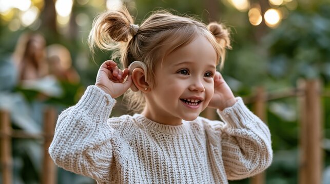 Young girl with cochlear implant hearing device, joyfully playing outdoors in a park