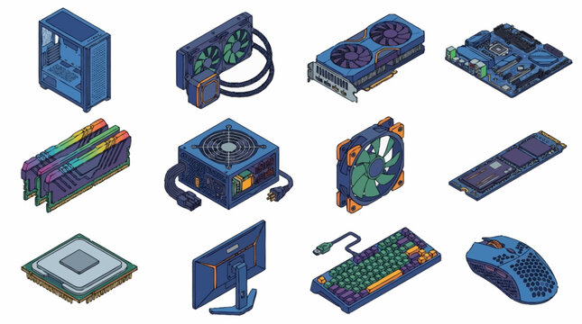 Isometric Blue Computer Hardware Components Collection.