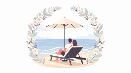Obraz premium Couple Relaxing on Beach Lounge Chair Under Umbrella, Ocean View