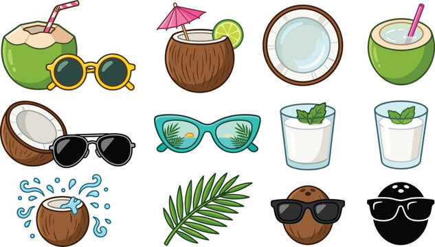 Tropical summer drink vector collection featuring coconuts cocktails sunglasses mojito palm leaves and beach vacation illustrations