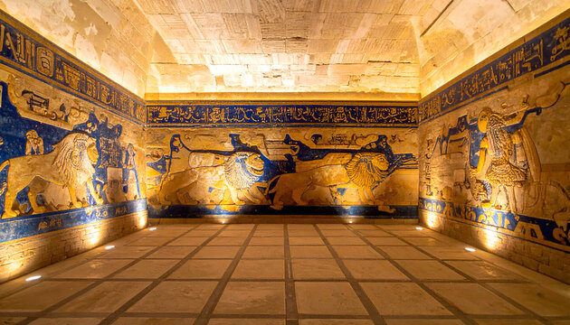 Mesopotamian palace interior look detailed and full of authentic historical reconstruction warm ancient aesthetic photography generative AI