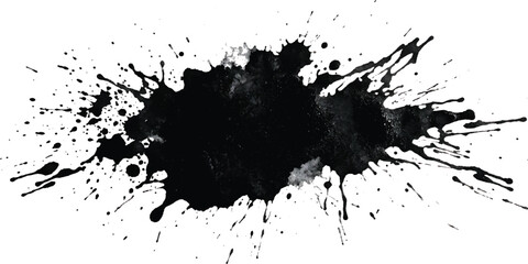 A black ink splat and blot background featuring a grunge paint splatter texture with spray brush drips and artistic graffiti stains for a dirty vector design illustration element © FH