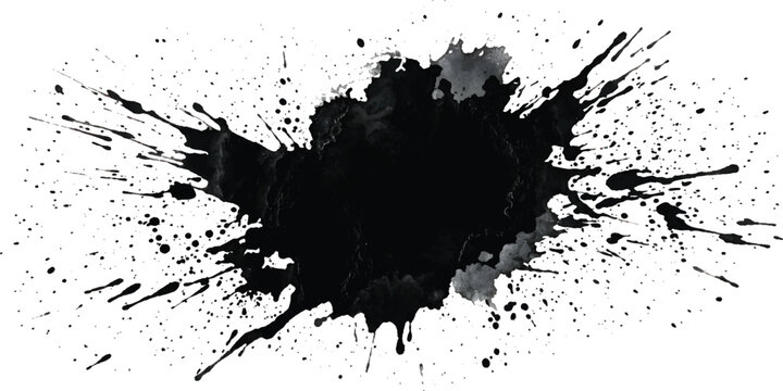 A grunge vector illustration of black ink splats and liquid paint splashes featuring dirty art textures, drips, and messy spray blots as a silhouette design element on a white background