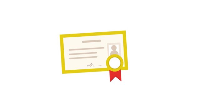 Flat vector graduation diploma animation displaying corporate training achievement certificate with seal ribbon