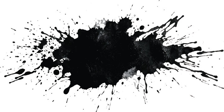 A black ink splat and blot background featuring a grunge paint splatter texture with spray brush drips and artistic graffiti stains for a dirty vector design illustration element