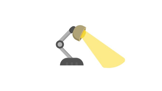 Flat vector office desk lamp animation casting bright yellow spotlight beam on white background