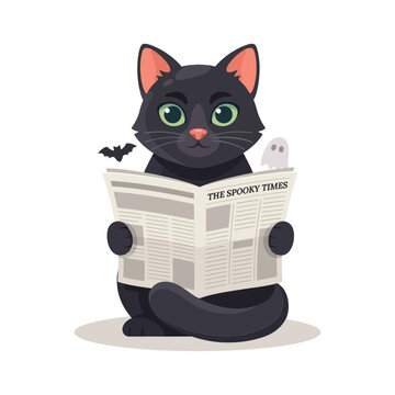 Cute black cat reading the spooky times newspaper with a small ghost and bat for halloween celebration concept isolated on white background