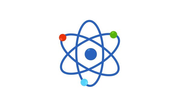 Flat vector physics atom model animation showing multi colored electrons orbiting around nucleus