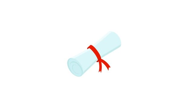 Flat vector paper scroll animation displaying graduation diploma rolled up with red ribbon tie