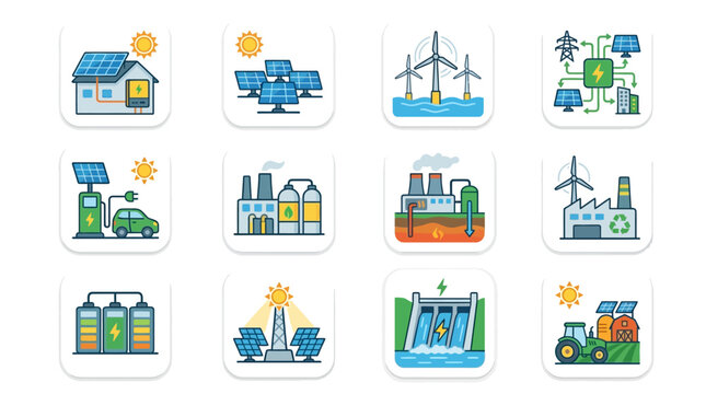 Dynamic Illustrations of Renewable Energy Sources and Sustainable Technologies in Colorful Style